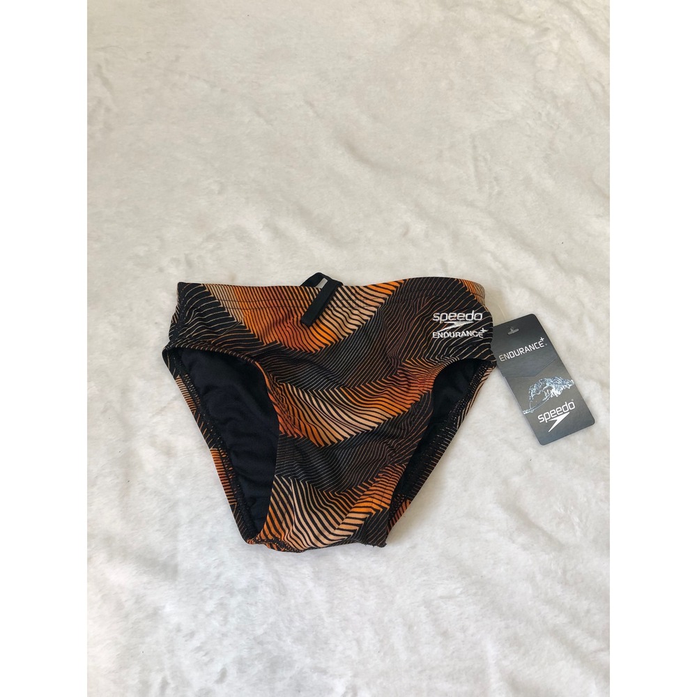 NEW Speedo Precision Brief Boys 24 Team Orange Endurance+ Geometric Swim Trunks